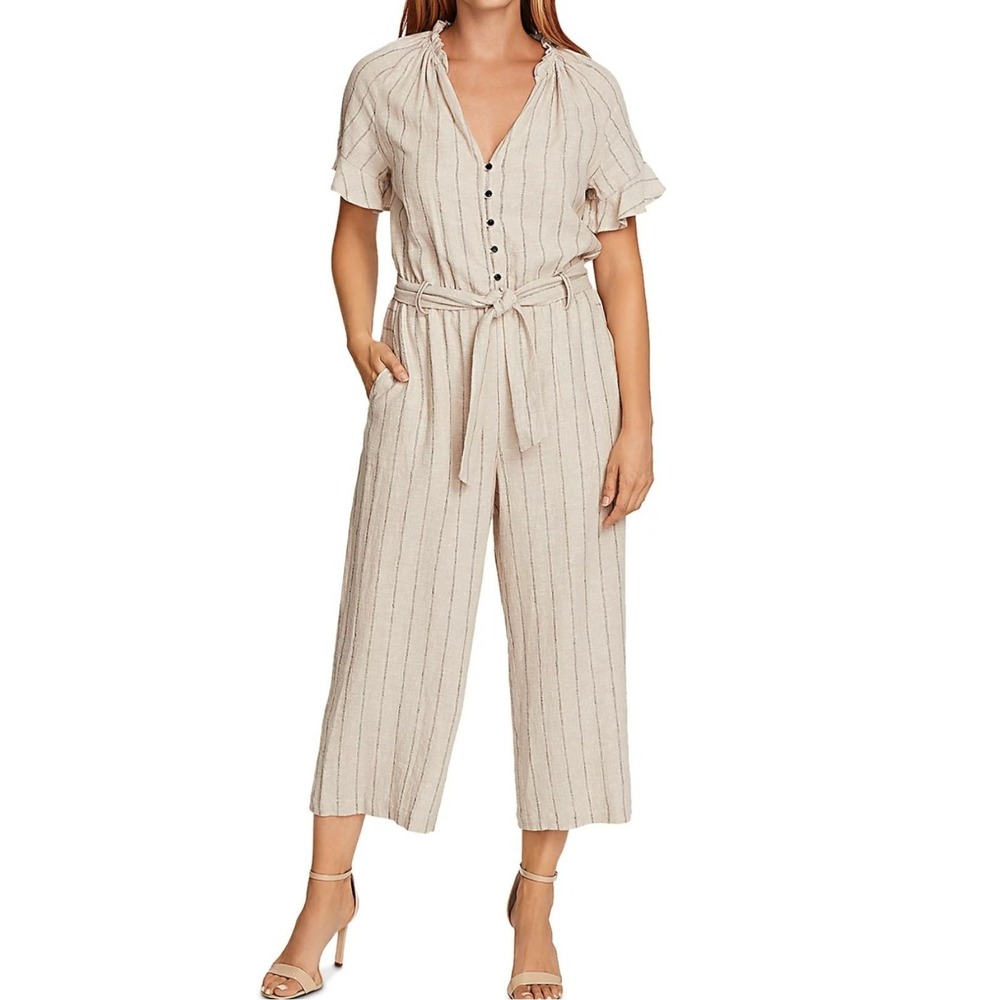 Vince Camuto Natural Tie-Waist Linen Jumpsuit Striped XS Resortwear Vacation NWT